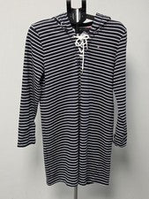 TOMMY HILFIGER Mujer M LS Azul Rayas CAPUCHA SUDADERA VESTIDO ~ NUEVO CON ETIQUETAS Y2K