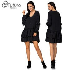 Mini Vestido Columpio Para Mujer Cuello en V Manga Larga Acampanada Encaje Boho Volantes Túnica FT3997