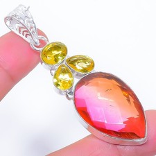 Turmalina bicolor, piedras preciosas de citrino 925 colgante de joyería de pl...