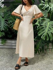 Elegante Vestido Largo Mujer Escote en V y Mangas Abullonadas