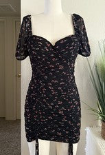 Mini Vestido de Fiesta Moda Boutique Para Mujer Negro Floral Malla Acanalada Mangas Abullonadas