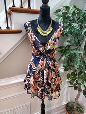 Moda Nova Para Mujer Azul Floral Poliéster Cuello en V Sin Mangas Volantes Mini Vestido S