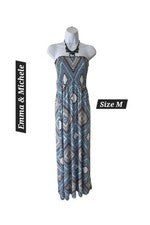 Maxi Vestido Para Mujer Moda Strepless Azul/Blanco/Negro Patrón Geométrico Talla M
