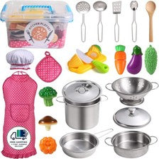 Juego de cocina de juguete con ollas y sartenes de acero inoxidable, utensilios