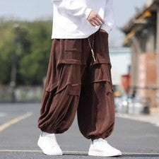 Pantalones holgados de pana para hombre de pierna ancha estilo chino con cordón retro informal