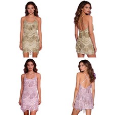 Vestido ceñido al cuerpo brillante para mujer con borlas bordadas sin espalda correa cruzada mini