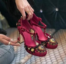 Zapatos de boda para mujer con estrás punta redonda tacón alto bordado