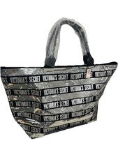 Bolso de Mano Grande Victoria’s Secret Grande de Lentejuelas Negro y Plateado Logo Repetido