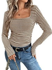Camiseta para mujer a rayas tejida gofre cuello cuadrado manga larga acanalada ajustada9995