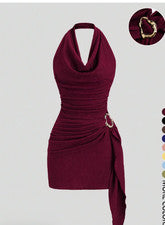 Mujer Moda Borgoña Halter Acanalado Mini Vestido Talla XL NUEVO EN PAQUETE