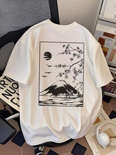 Camiseta de verano para hombre Mount Fuji flor de cerezo luna naturaleza gráfica
