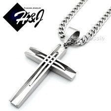 Collar Colgante Cruz Cadena Bordillo Cubano Plata 6mm Acero Inoxidable HOMBRE 18-40"*A