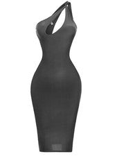 Mujeres Moda Sexy Ropa de Club Fiesta Un Hombro Doble Capa Vestido MIDI NEGRO
