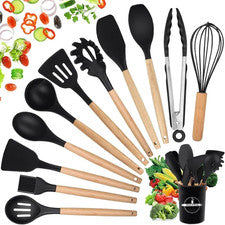 12 Utensilios Cocina Silicona Manijas Madera Antiadherente Calor...