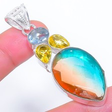Turmalina bicolor, piedras preciosas de citrino 925 colgante de joyería de pl...