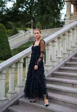 Vestido Largo Elegante Negro Moda Evento Noche Negro Satén Plisado 05922