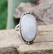 Hermoso anillo de piedra lunar natural sólido de plata de ley 925 todas las tallas MK*