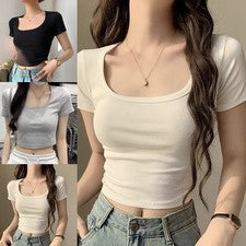 Moda Mujer Verano Slim Fit Crop Top Cuello en U Manga Corta Camisa Monocromática