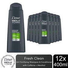Dove Fortifying Men+Care, Fresh Clean, Champú+Acondicionador 2 en 1, Paquete de 12, 400 ml
