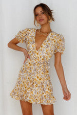 Vestido para mujer de moda, elegante y cómodo estampado manga corta cuello en V