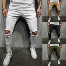 Hombres Moda Rasgados Ajustados Denim Jeans Motociclista Calce Ajustado Largo Harén Pantalones Pantalones