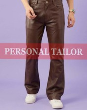 Pantalón de mezclilla estilo bootcut de cuero marrón genuino para hombre 5 bolsillos