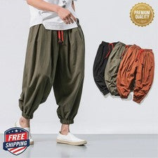 Nuevos Pantalones Harén Sueltos Estilo Chino Algodón Lino Pantalones de Sudadera Respiración para Hombres de Gran Tamaño