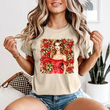 Camiseta mujer retrato rosas rojas diseño floral