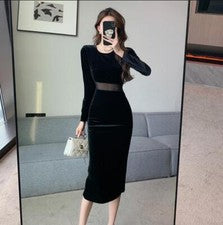 Mujer Moda Terciopelo Encaje Mangas Largas Cuello Redondo Paquete Cadera Vestido Lápiz