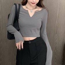 Camiseta informal de manga larga con cuello en V de mezcla de poliéster y spandex para mujer