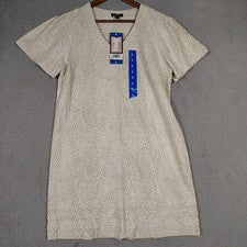 Vestido recto Nicole Miller para mujer grande beige animal mezcla de lino manga corta nuevo con etiquetas