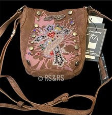 Bolso Bandolera Viral Ed Hardy Marrón Gamuza Bling Cruz Tachonado ~ Y2K~ Nuevo con Etiquetas