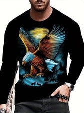 Camiseta hombre gráfico águila calva americana vuelo marrón azul 3D manga larga
