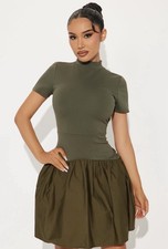 Moda Nova Mujer’s Kennedy Manga Corta Cintura Caída Vestido Verde Oliva Grande