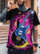 Camiseta estampada novedoso manga corta guitarra abstracta colorida brillante