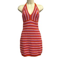 Mini Vestido Halter Stitch & Pine Crochet Mujer Pequeño Naranja Rosa Rayas Boho