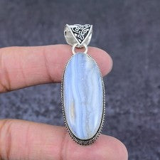 Colgante de joyería de regalo de plata de ley 925 con piedras preciosas de ágata de encaje azul 2,40" T293