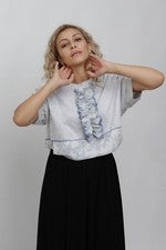 Camiseta Hecha a Mano Volantes Estilo Años 70 Azul Gris, Camiseta Mujer, Talla 8
