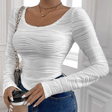 Nueva camiseta de moda para mujer otoño calce ajustado a rayas cuello redondo manga larga