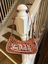 Bolso de Hombro Von Dutch Estampado Animal Naranja Media Luna Logo Cremallera Diseñador para Mujer