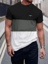 Camisetas casuales sencillas bloques color cuello redondo cómodas hombre negro