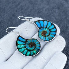 Pendientes hechos a mano de amonita azul caribeño, joyas de plata de ley 925, regalo