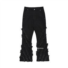 Pantalones largos acampanados punk estilo callejero para hombre flecos empalme corte bota pantalones negros