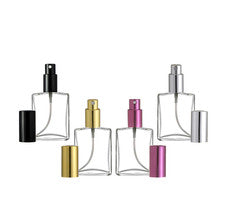 BOTELLA SPRAY ATOMIZADOR PERFUME DE VIDRIO FORMA PLANA VACÍA RECARGABLE 1 OZ. / 2 oz.
