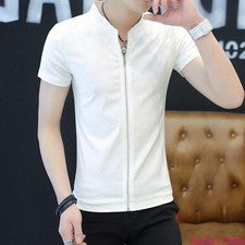 Camisetas de algodón para hombre calce ajustado cremallera Prendas para el torso Manga corta Informales Cuello alto Moda