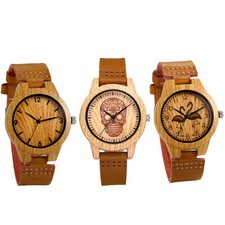 Reloj pulsera analógico de cuarzo con correa de cuero genuino esfera imitación madera calavera para hombres y mujeres