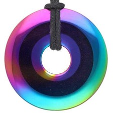 Colgante arco iris hematita donut 40 mm con cinta de algodón | Joyería de piedras preciosas
