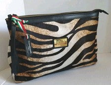 Bolso sin asas/muñequera Cavalcanti NUEVO Italia cuero negro y estampado animal pelo de becerro