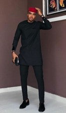 Camisa y pantalones de manga larga totalmente negros para hombre ropa africana moda caftán
