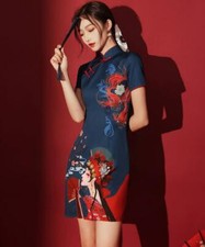 Vestido corto informal Cheongsam Qipao con abertura estampado de ópera de Beijing de moda para mujer a69